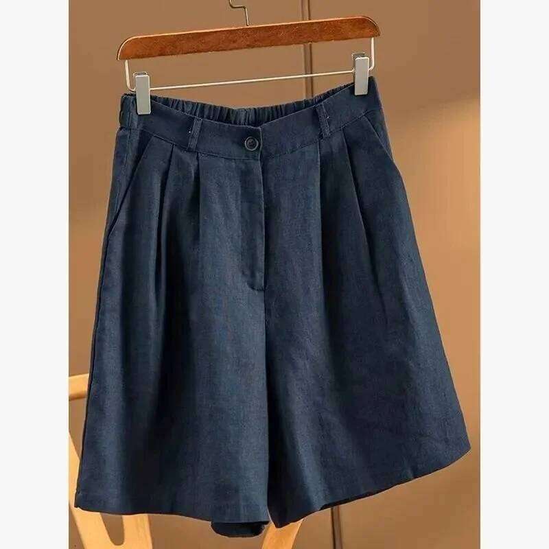 Khaki Solid Casual Linen Cotton Elastic High Waist Wide Leg Button Loose Women's Korean Fashion Summer Shorts Women XJ260206