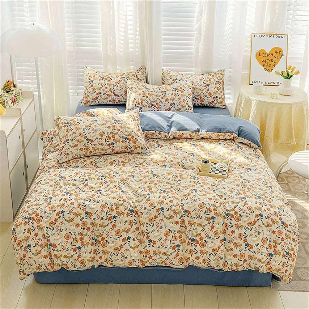 Four-piece Bedding Set Simple Duvet Cover Plant Flower Bed Sheet Adults and Kids Washed Cotton Pillowcase Home Textiles XJ260206