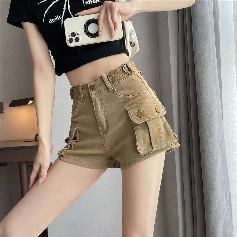 2025 Summer New Elastic Denim Shorts for Women American High Waist Loose Lace Design Spicy Girl Work Pants C260206