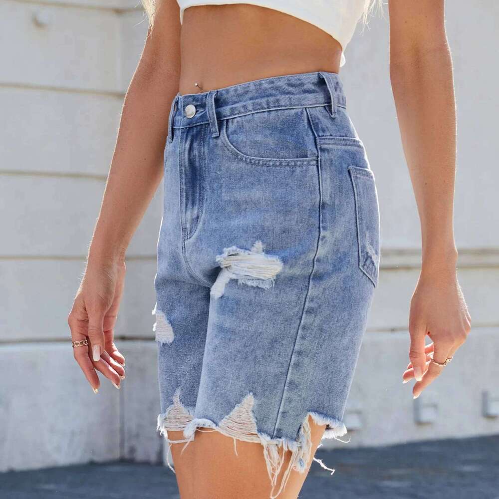 Summer New Personality Ripped Women's Mid-length Jeans. Street-style Design Sense Casual Washed Straight Denim Shorts for Women C260206