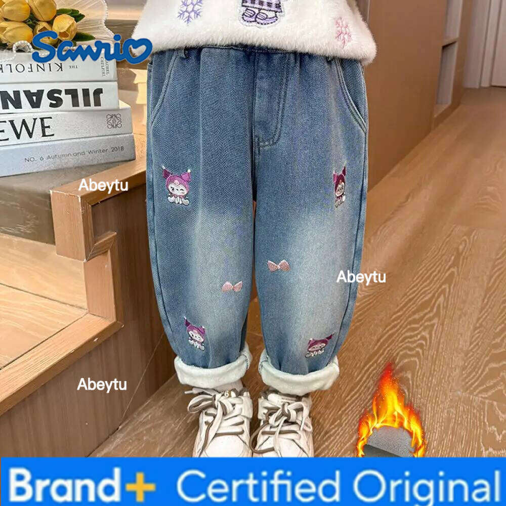 Sanrio Girls' Kuromi Fleece-Lined Jeans Winter and Spring New Fashion Children's Cute Cartoon Embroidery Bow Casual Long Pants H260206