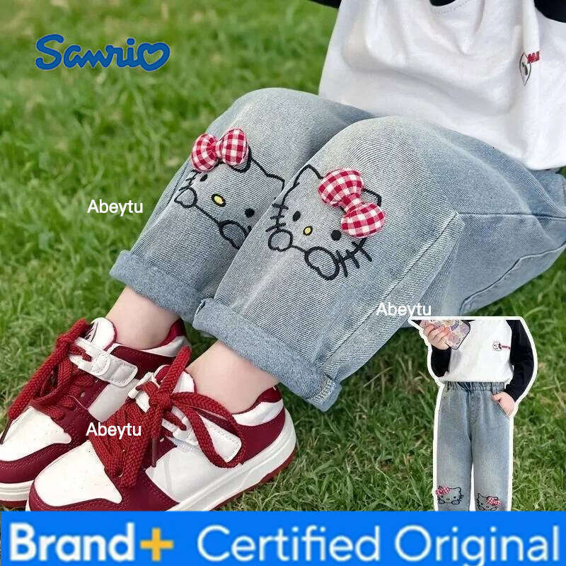Sanrio Spring Autumn Baby Girls Denim Pants Cartoon Hello Kitty Loose Straight Casual Jeans For 2-6 Years Kids Children Soft Trousers H260206