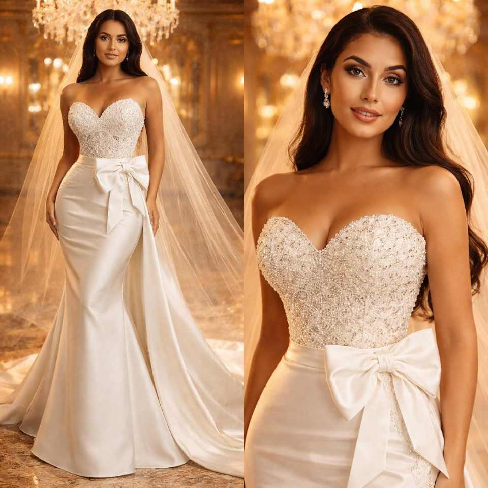 Bride Wedding Dress 2026 Customized Pearls Sweetheart Sleeveless Sweep Train Mermaid Bridal Gown with Detachable Train