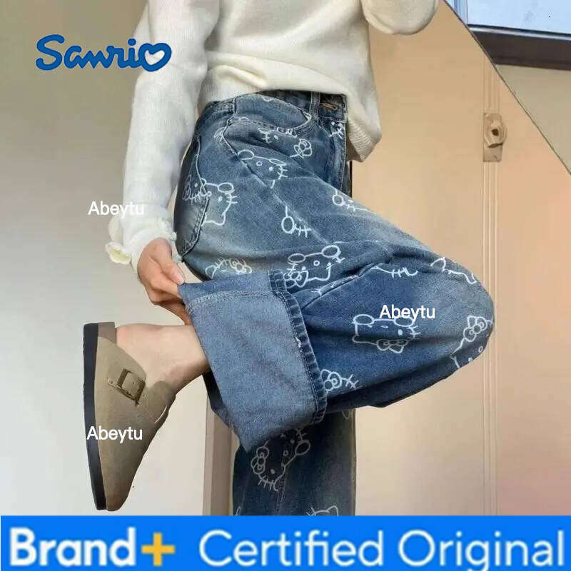 Sanrio Hello Kitty Y2K Quality Printed Jeans for Women Spring Summer Cute Cartoon Design High Waist Loose Sweet Pants Korean Style H260206