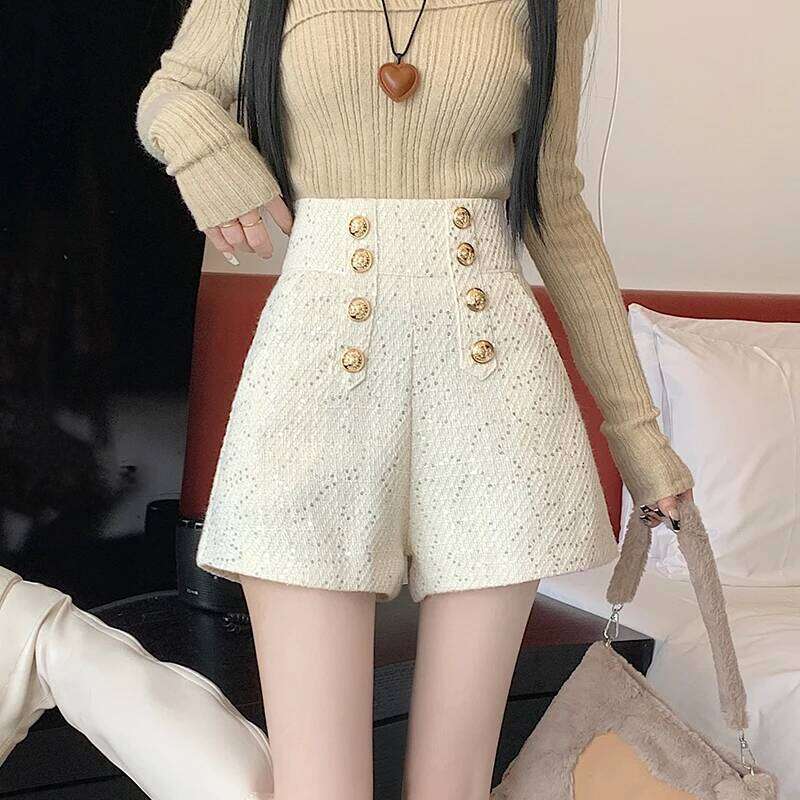 Fashion Streetwear Y2K Winter Women Korean High Waist Cute Sequined Tweed Booty Shorts Loose Wide Leg Short Pants Femme XJ260206