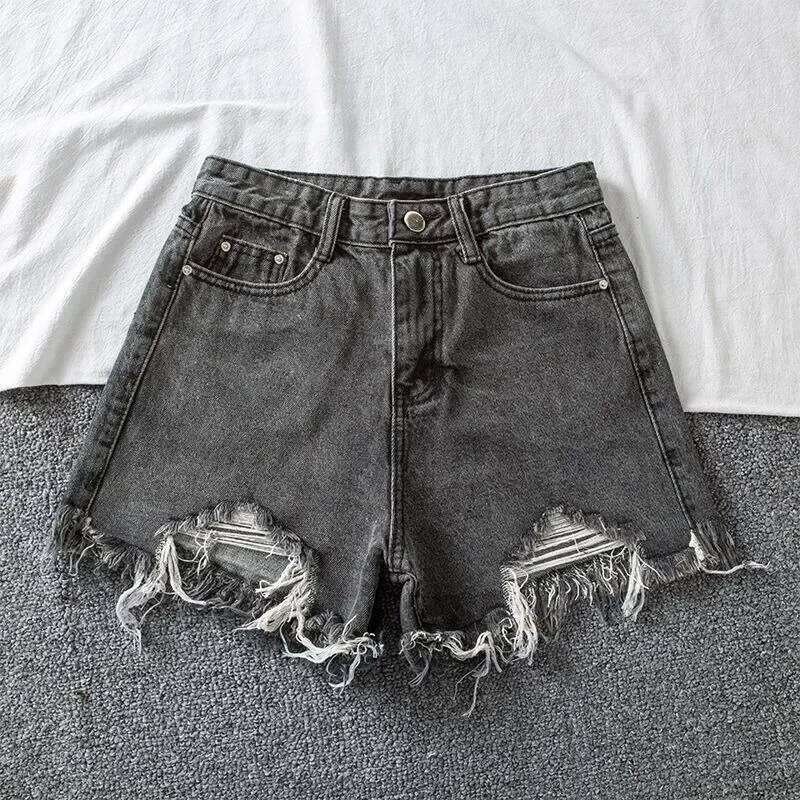 Denim Shorts Women High Waist Slender Korean Fashion Summer Frayed Buttons Zipper Tassel Loose Solid All-match Streetwear Chic XJ260206