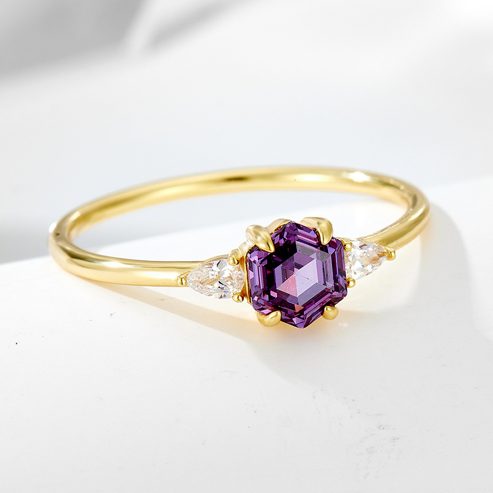 Minimalist Geometric Hexagon Purple Zircon Sterling Silver for Women, Light Luxury Ins Style Elegant Ring