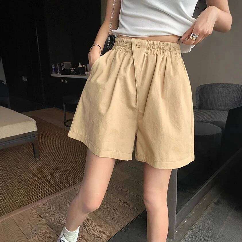 Loose Fit High Waist Pure Color Shorts Women's Summer Vintage Elastic Waistband Versatile Wide Leg Pants XJ260206