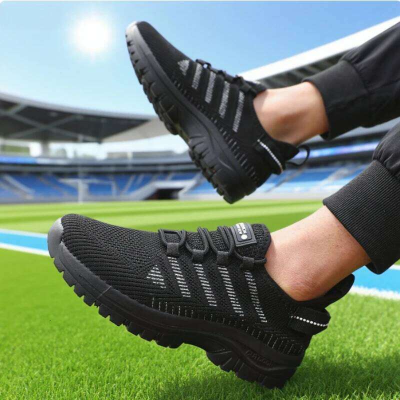 Men's Casual Mesh Breathable Knitted Comfortable Outdoor Flat Walking Shoes Trendy Striped Design Jogging Shoe Sneakers Men