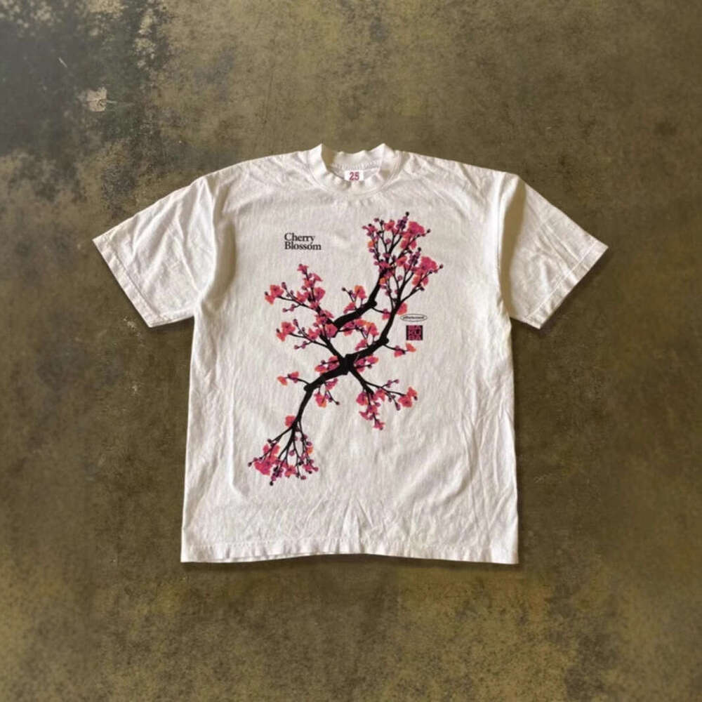 250g heavyweight pure cotton! American-style oversized peach blossom tree vintage print loose-fitting short-sleeve T-shirt for couples, women and men