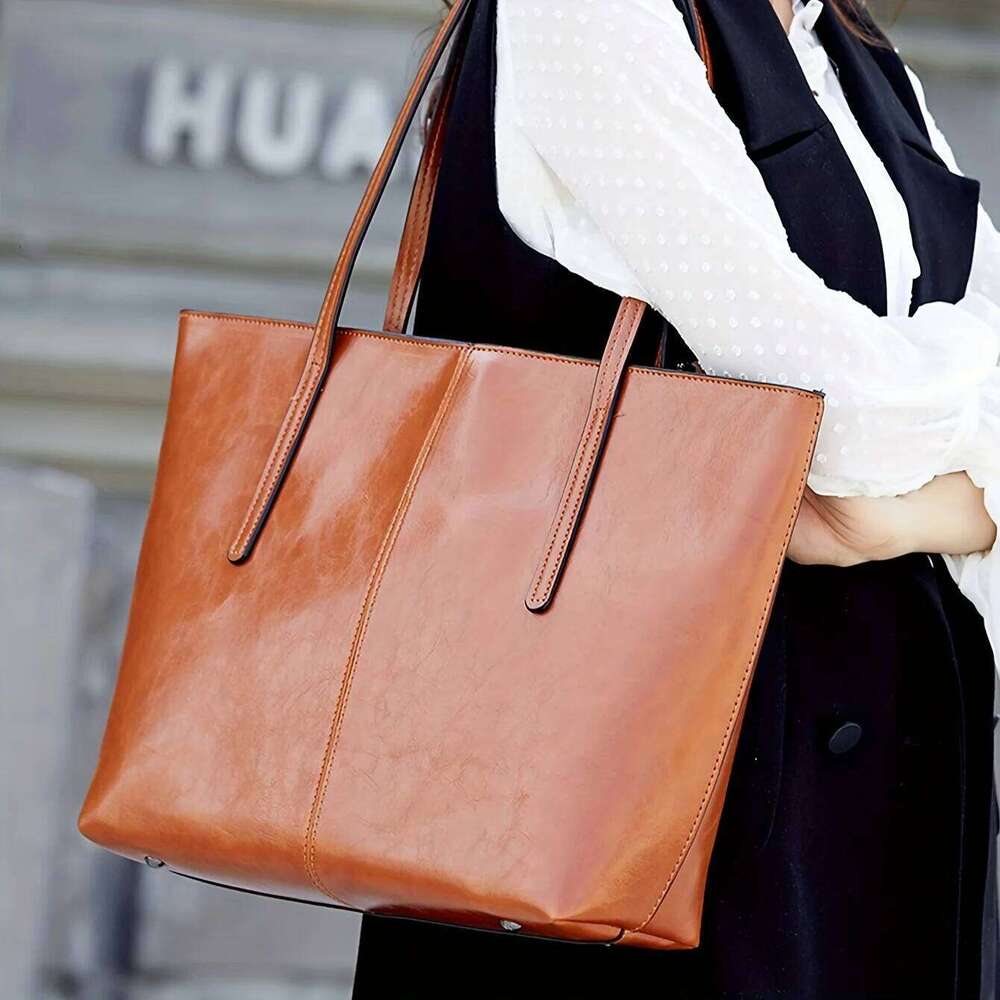 New European and American Fashion Large Capacity Oil Wax Skin Shoulder for Women's Handheld Tote Bag Cross border Manufactur Y260205