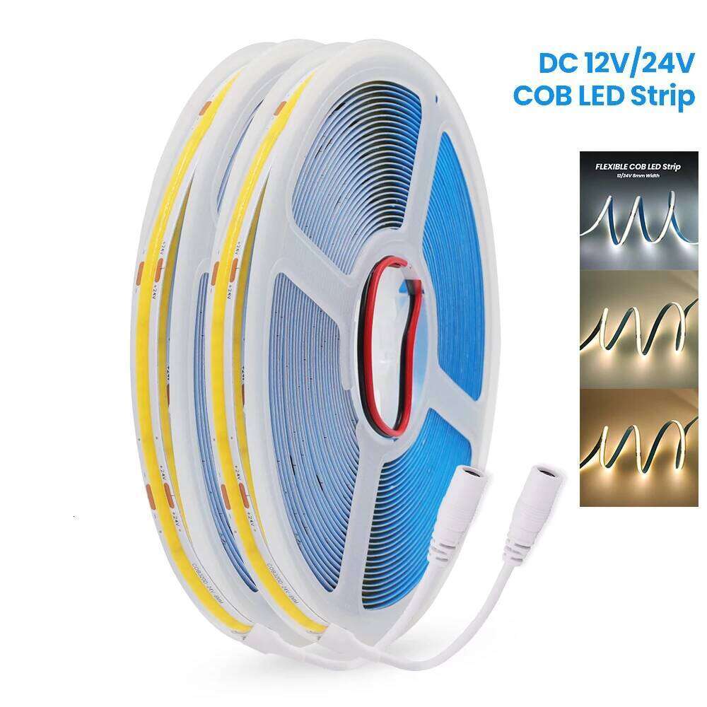 12V 24V COB Strip Light 8MM 320Leds/M High Density Linear Lighting 5M 10M Flexible Ribbon Rope LED Tape for Room Decoration Z260206