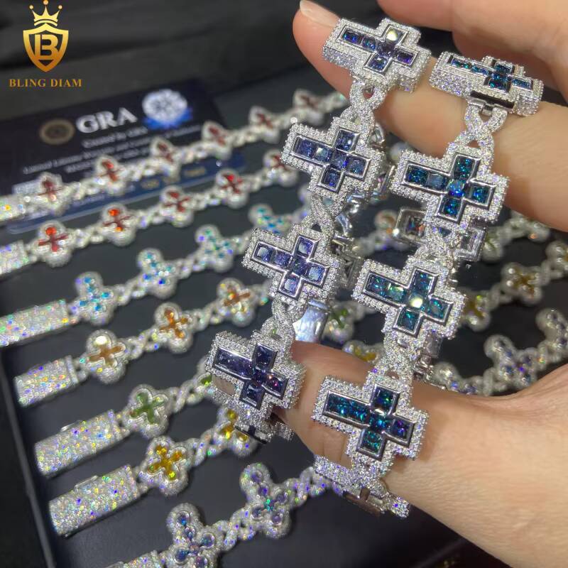 Factory Outlet VVS1 Iced Out Moissanite Bracelets HipHop 925 Silver Chains Mens Moissanite Cross Bracelets Pass Diamond Test GRA