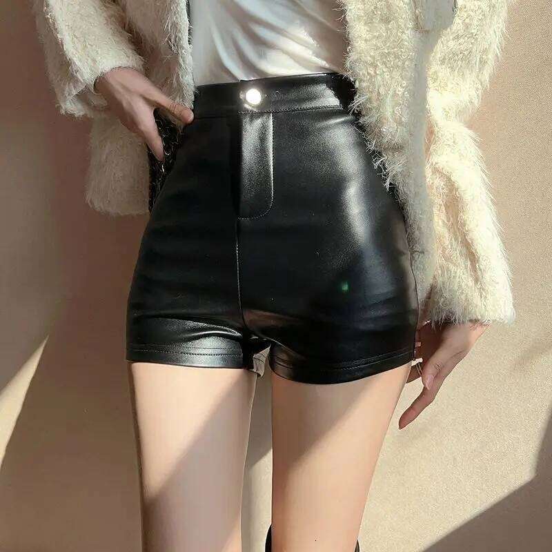 High Waist Short Women's Wide Leg PU Leather Casual Autumn Winter Bootleg Pants Fashionable Slimming Effect XJ260206