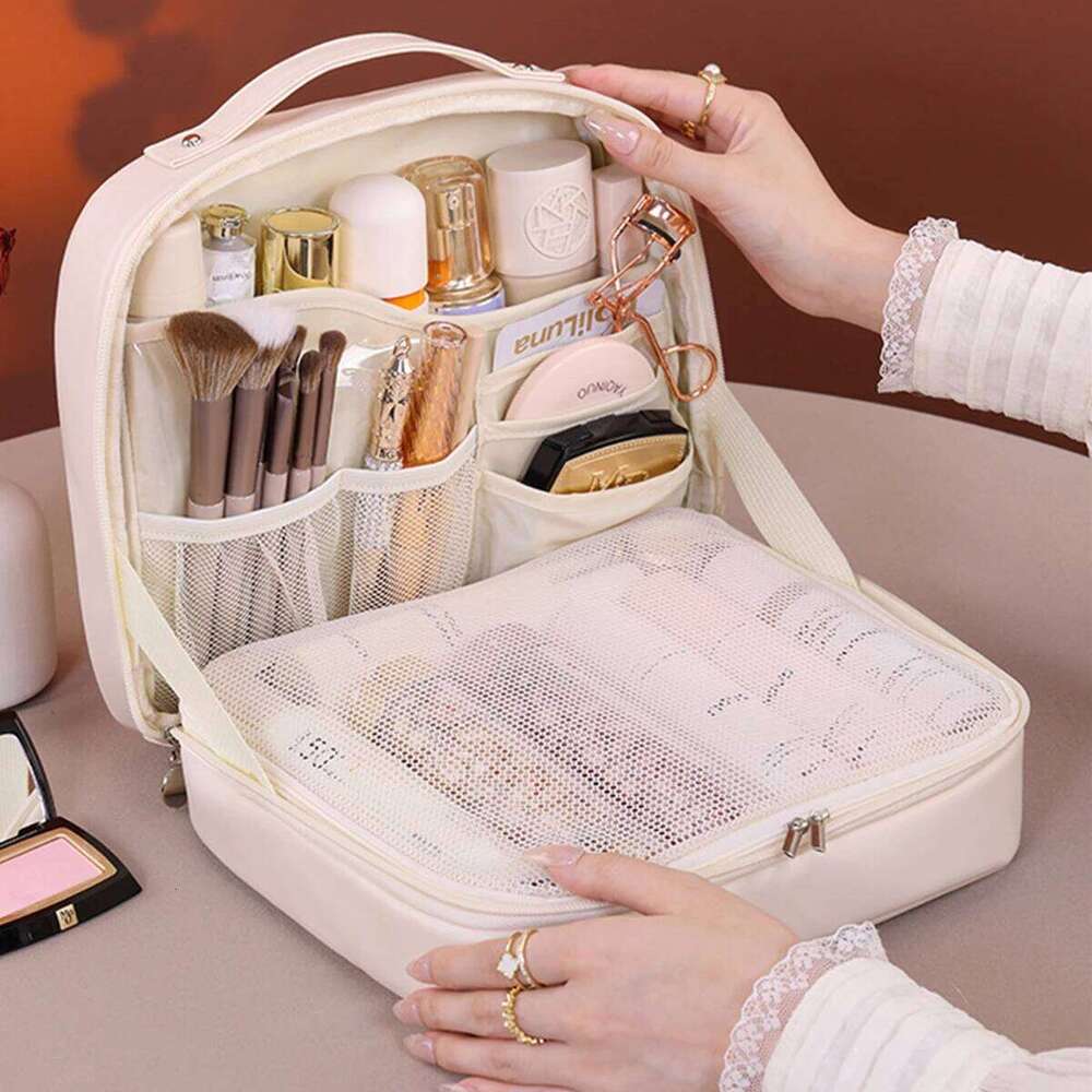 Bag For Women PU Multi Pocket Cosmetic Organizer Portable Double Zipper Travel Makeup Brush Toiletries Storage Bags Y260206