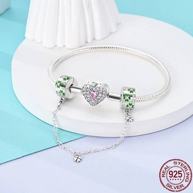 Disney Designer Jewelry New 100% 925 Silver Lucky Clover Safety Chain Charms Bead Fits Original Pan Bracelet Pendant Women Fashion Fine Diy Jewelry lu