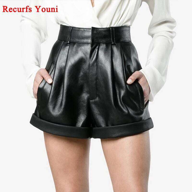 2026 Winter Women European/American Fashion Genuine Leather Shorts Real Lambskin High Waist Flanging Wide Leg Trousers Boots XJ260206