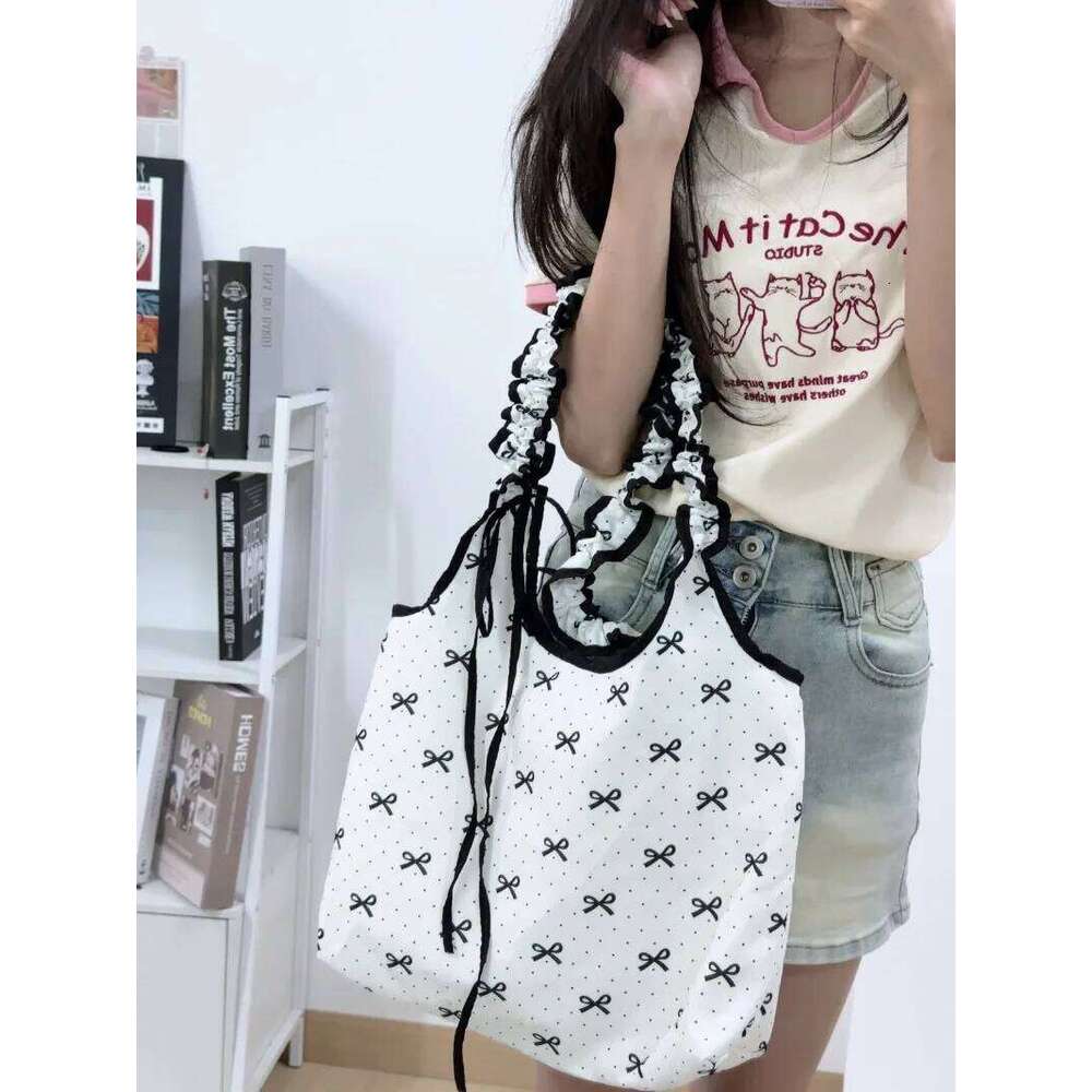 Bow Dot Print Women Bag Large Capacity Shoulder Bags Luxury Fairy Handbag Commuting Canvas Handbags Korean Style Cute Citybag Y260205
