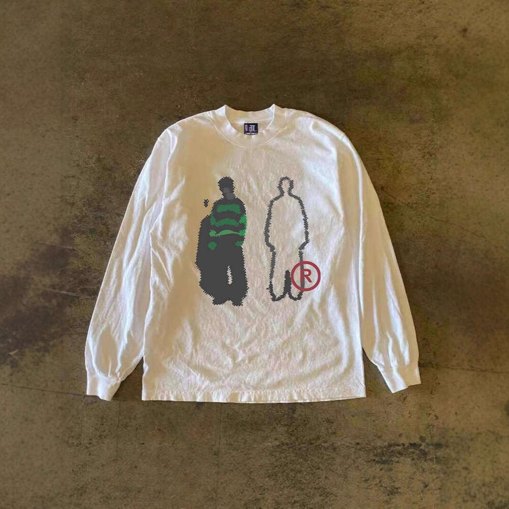 300g heavyweight pure cotton! retro oversized European and American trendy brand printed men's long-sleeve T-shirt with cuffed sleeves