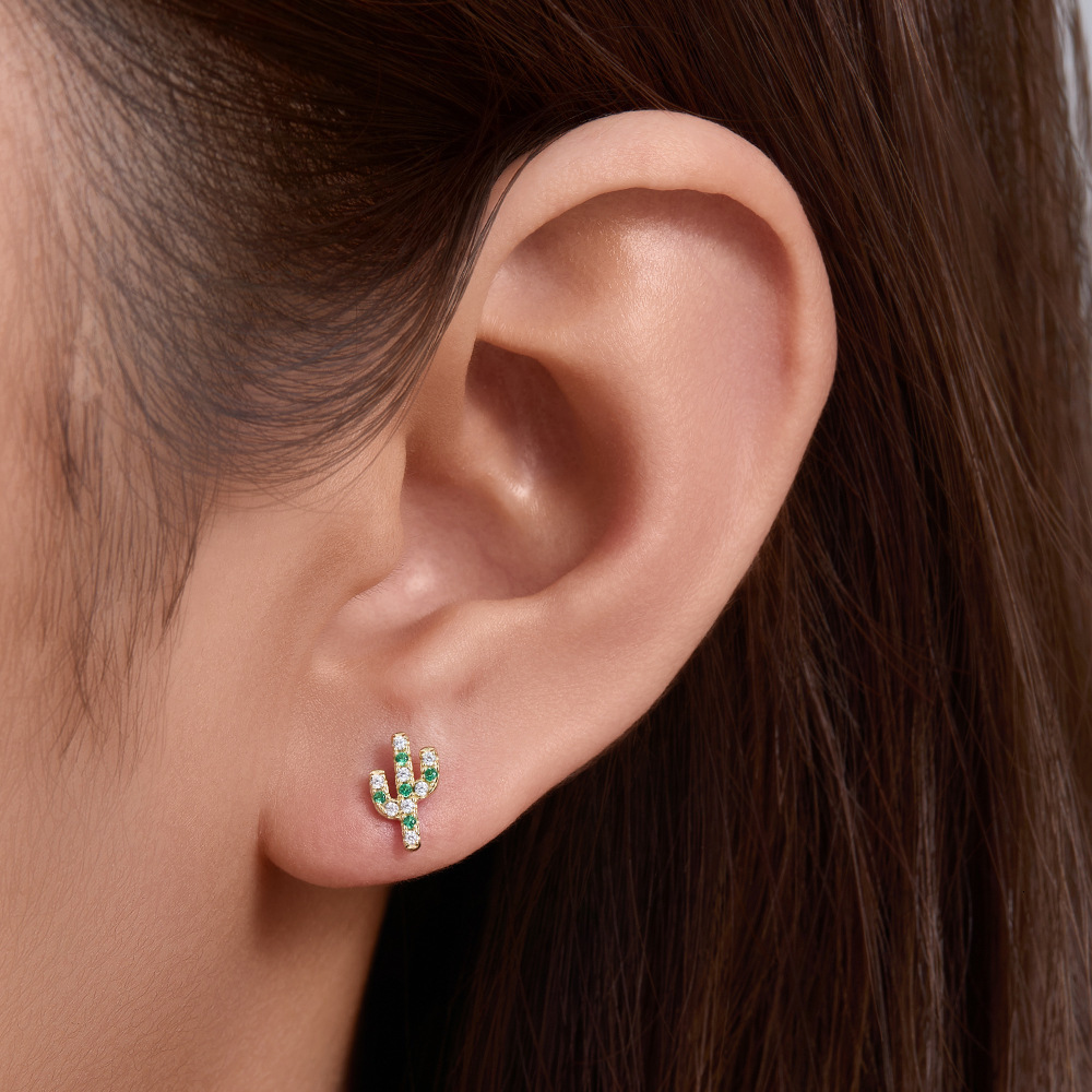 s925 silver plant cactus micro-inlaid zircon small for women, Japanese Korean sweet and fresh personalized earrings