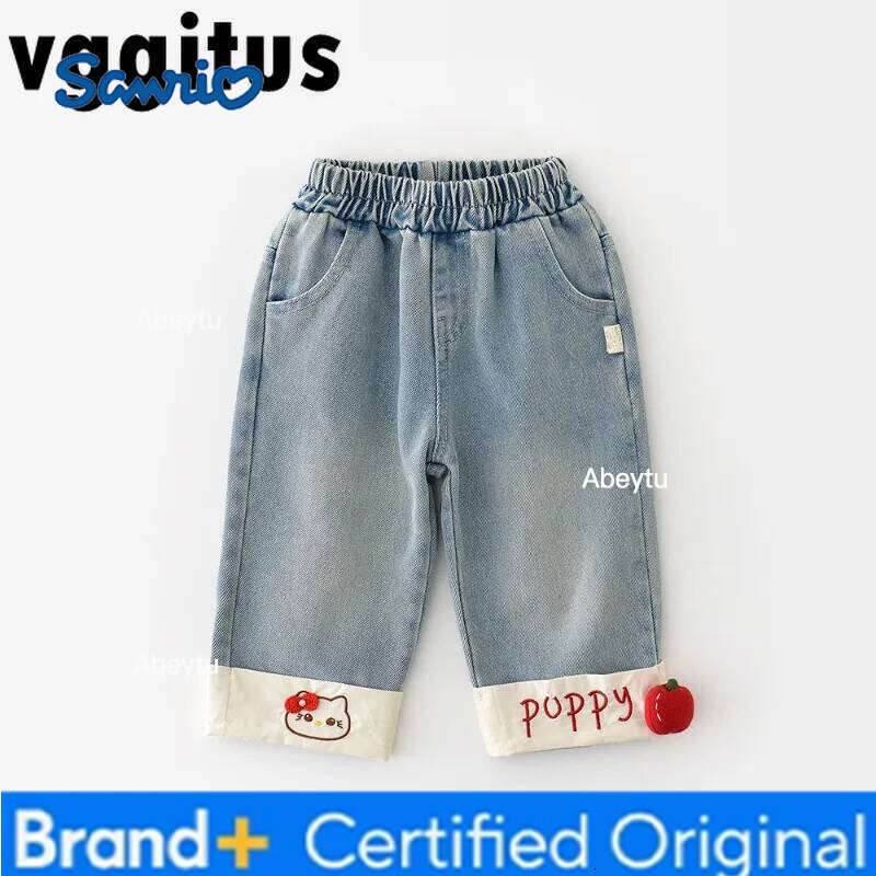 Sanrio Kids Girl Spring Autumn Denim Pants Elastic Waist Wide Leg Jeans with Cartoon Cat Embroidery 3D Apple Casual Trousers C3521 H260206