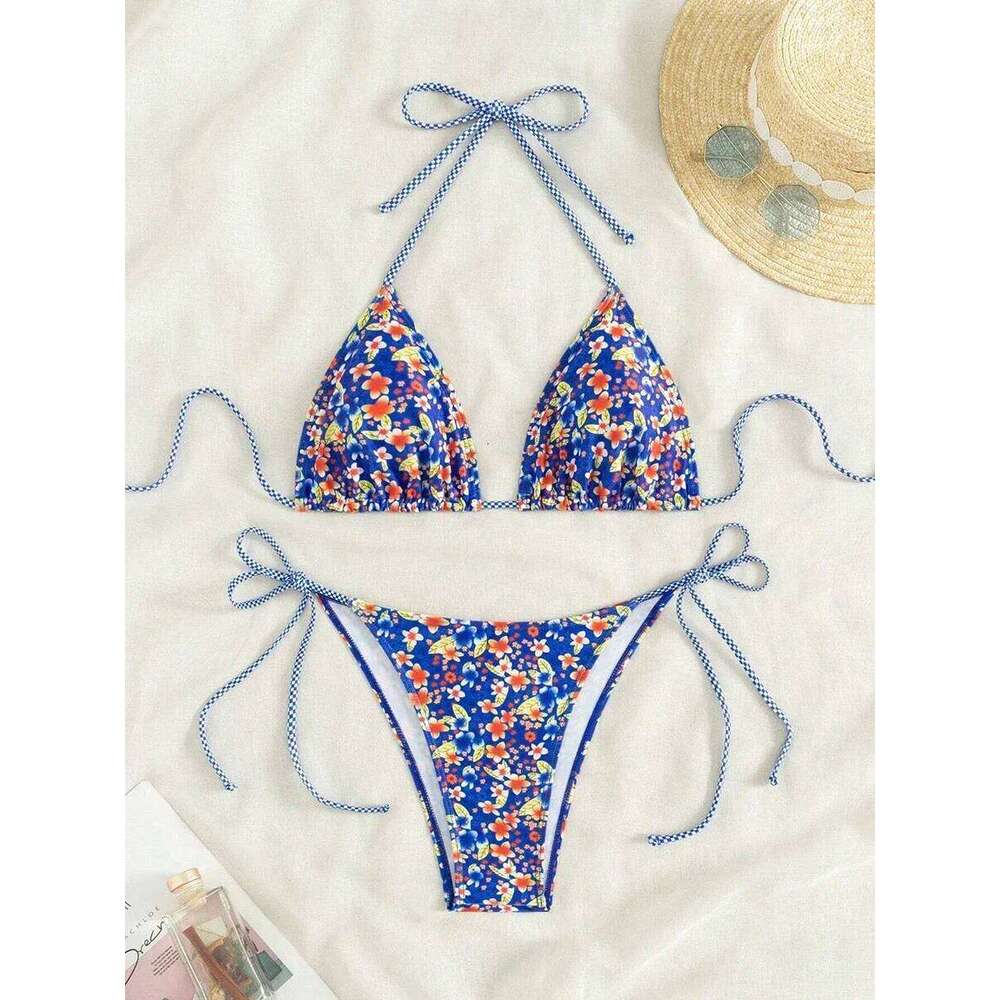 Swimsuit 2025 Female Micro Women Swimwear Summer Beachwear Women's Bathing Suit Floral Print Neck Halter Thong Bikini Set Z260206