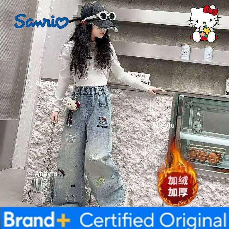 Sanrio Hello Kitty Jeans Girl Boy Kids Kawaii Casual Fashion Warm Autumn Winter Embroidery Wide Mouth Pants Children's Clothing H260206