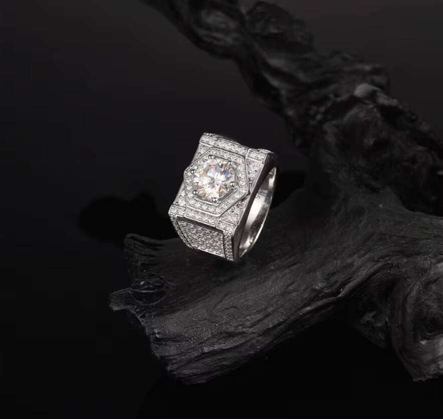 Moissanite Rings Gra Certified 925 Sterling Silver Men's Classic 18K Gold Plated Brilliant Cut Prong Setting Custom Ring VVS