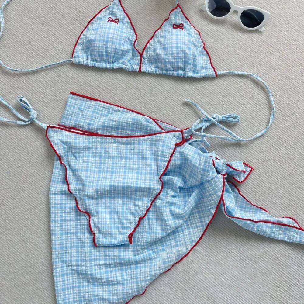Ins Bowknot Grid Sleeveless Swimsuit Pleated Lace Up Bikini Bathing Suit Slim Fit Deep-V Three Pieces Swimwear Set Vacation Z260206