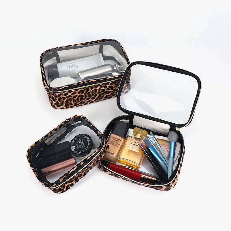 3pc Leopard Print Clear Transparent Makeup Bag for Travel Waterproof Toiletries Storage Cosmetic Organizer With Zipper Y260206