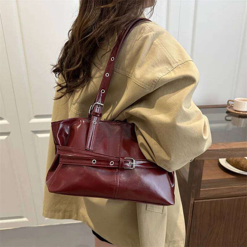 Autumn Retro Belt Design PU Shoulder Bags for Women Large Capacity Simple Ladies Tote Bag Solid Color Versatile Female Handbags Y260205