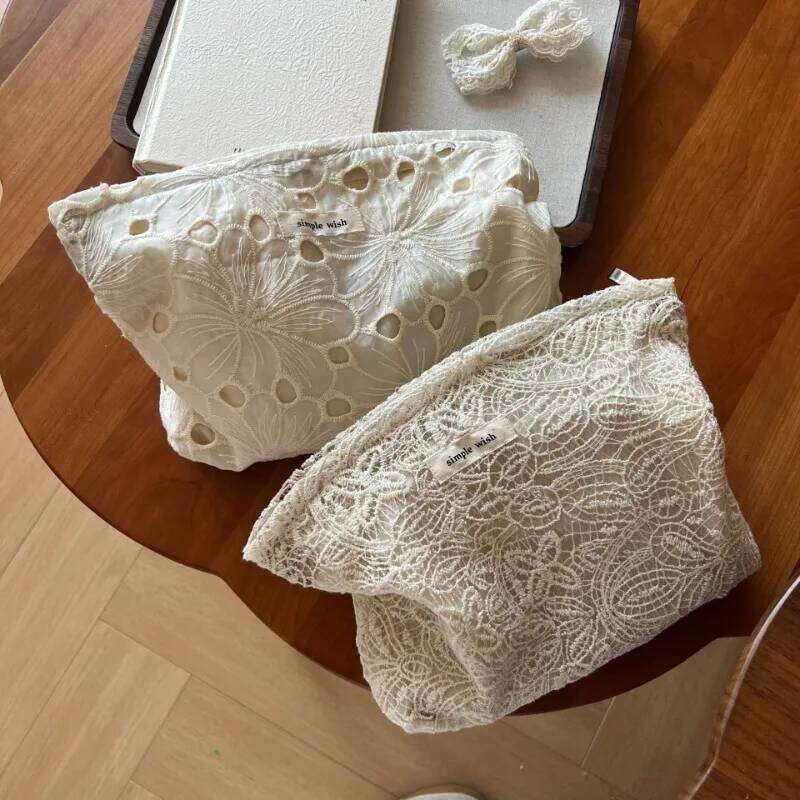 French Style Pouch Beige Lace Embroidery Minimalist Floral Makeup Bag for Women Elegant Organizer Boho Cosmetic Bags Y260206