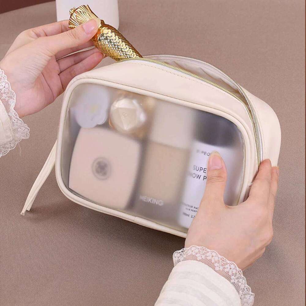 PVC Matte Semi Transparent Cosmetics Large Capacity Makeup Organizer Women's Travel Wash Bag Essentials Y260206