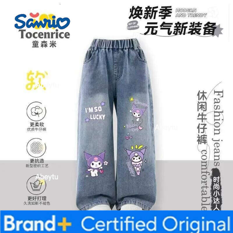 Sanrio Hello Kitty Fleece Lined Jeans for Girls Children Spring Autumn Winter New Style Comfortable Warm Kids Denim Pants H260206