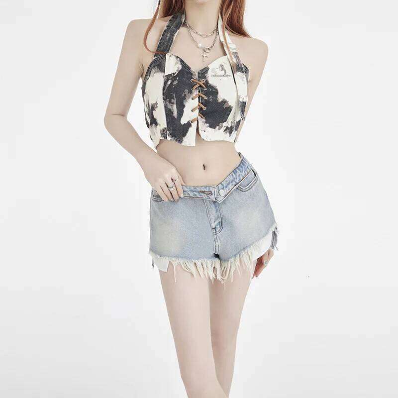 2025 High Street Summer New American Shorts, Women's Fashionable Washed Ripped Tassel Design Casual Loose Denim Shorts C260206