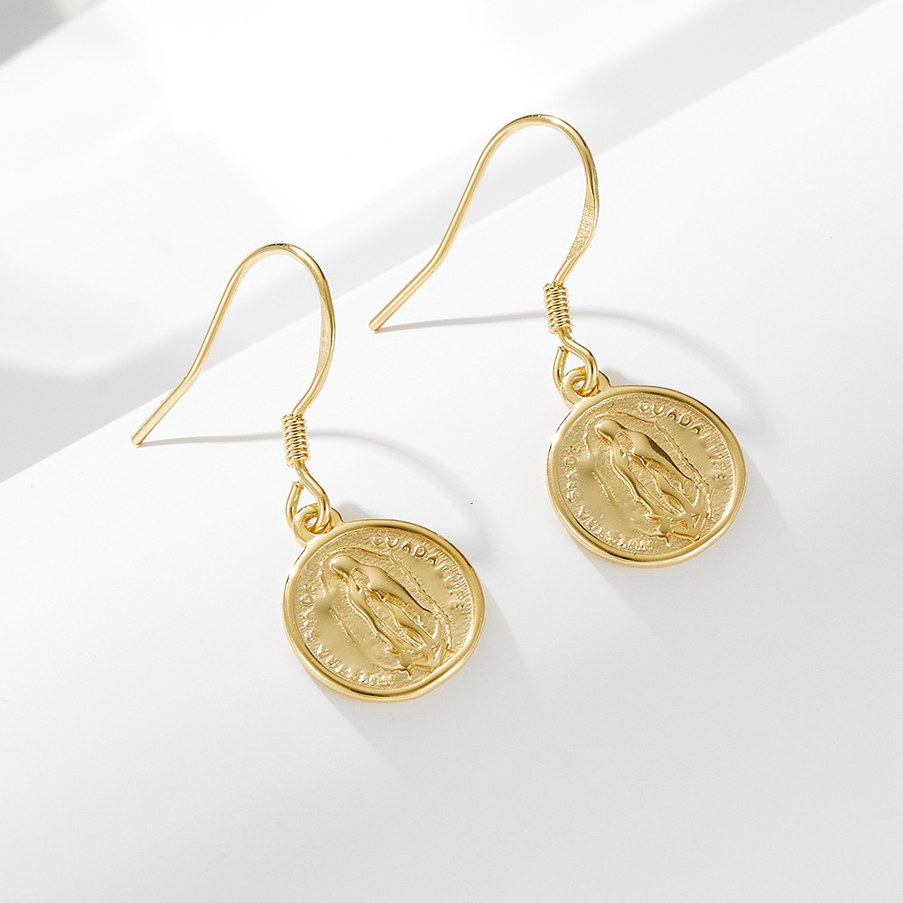 925 Sterling Silver Circle Coin for Women, INS Style, Vintage Round Medal Virgin Mary Relief Portrait Earrings