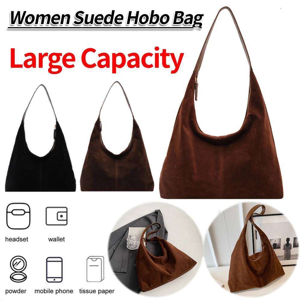 Women Suede Shoulder with Zipper Hobo Large Capacity Handbag Slouchy Commuter Travel Bag Y260205