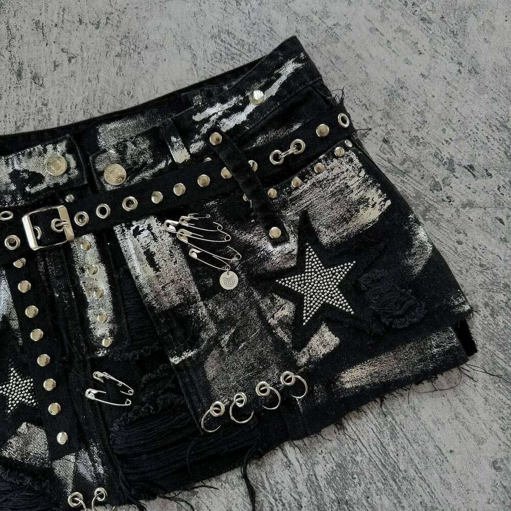 Shorts Women Y2K Harajuku Gothic Hip Hop Retro Washed Rhinestone Sequin Baggy Denim High Waist Slim Mini Short Skirt H260206