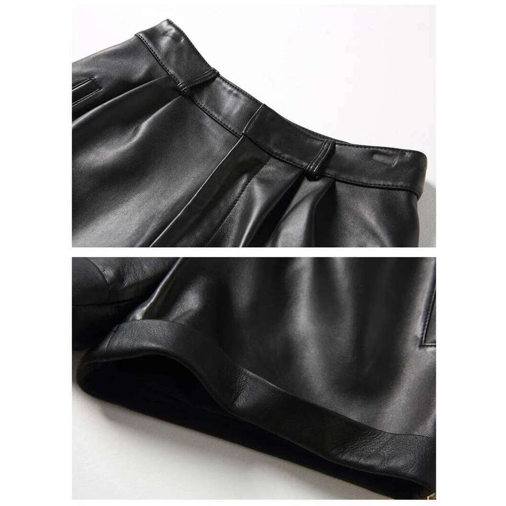 2026 Winter Women European/American Fashion Genuine Leather Shorts Real Lambskin High Waist Flanging Wide Leg Trousers Boots XJ260206
