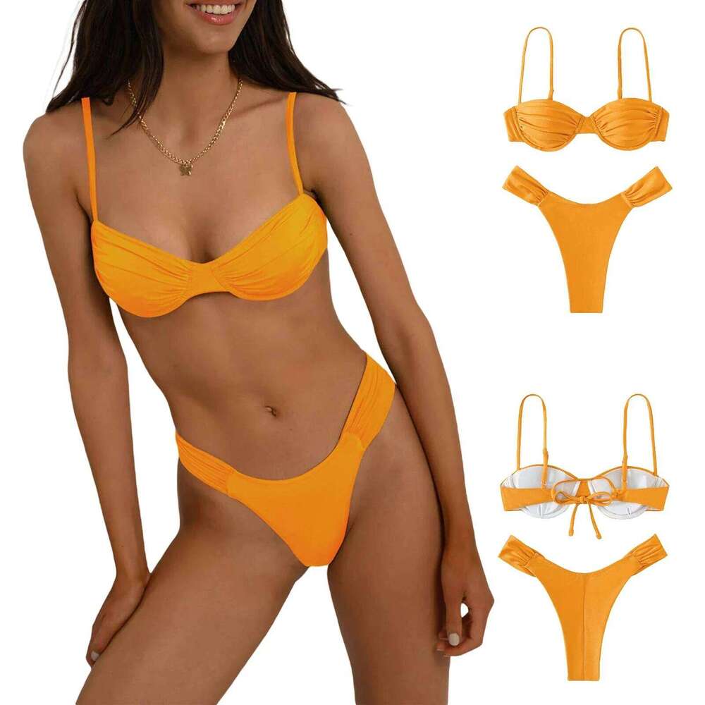 Classics Basics Women Swim Bikini Suit, Solid Color Pleated Sleeveless Bra+ Shorts Briefs Swimwear Swimsuit Z260206