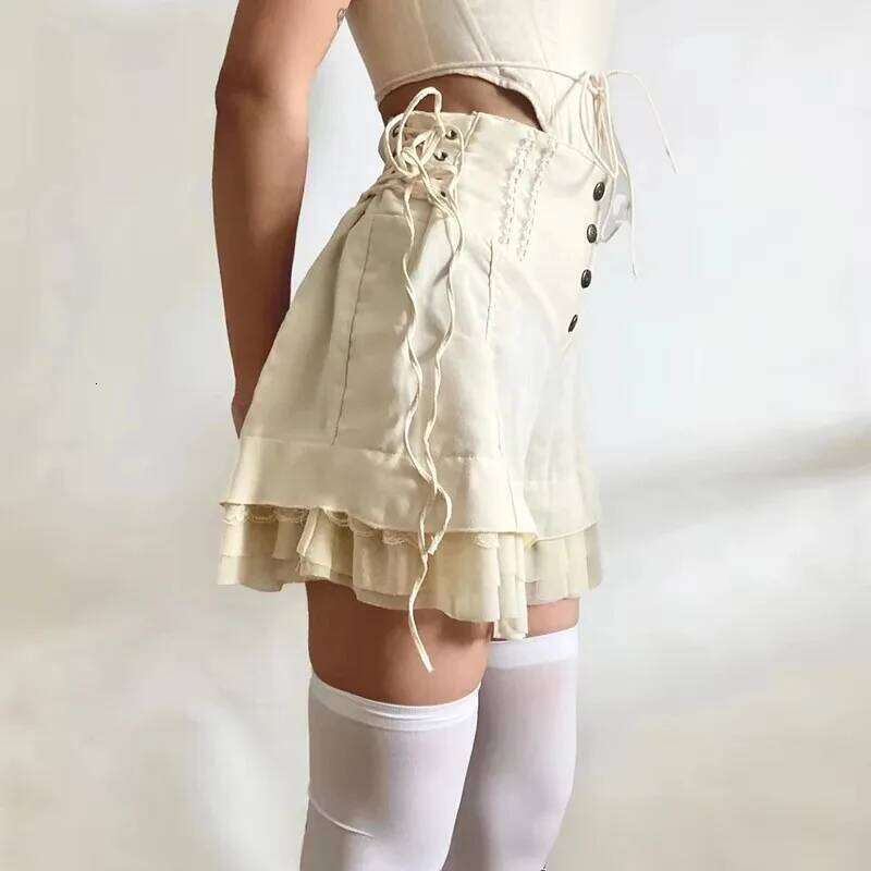 Girls Y2K Lolita Style Cute Sweet Soft Mesh Tiered Ruffle Wide Side Bandage Khaki Shorts Skirt Hot Pants XJ260206