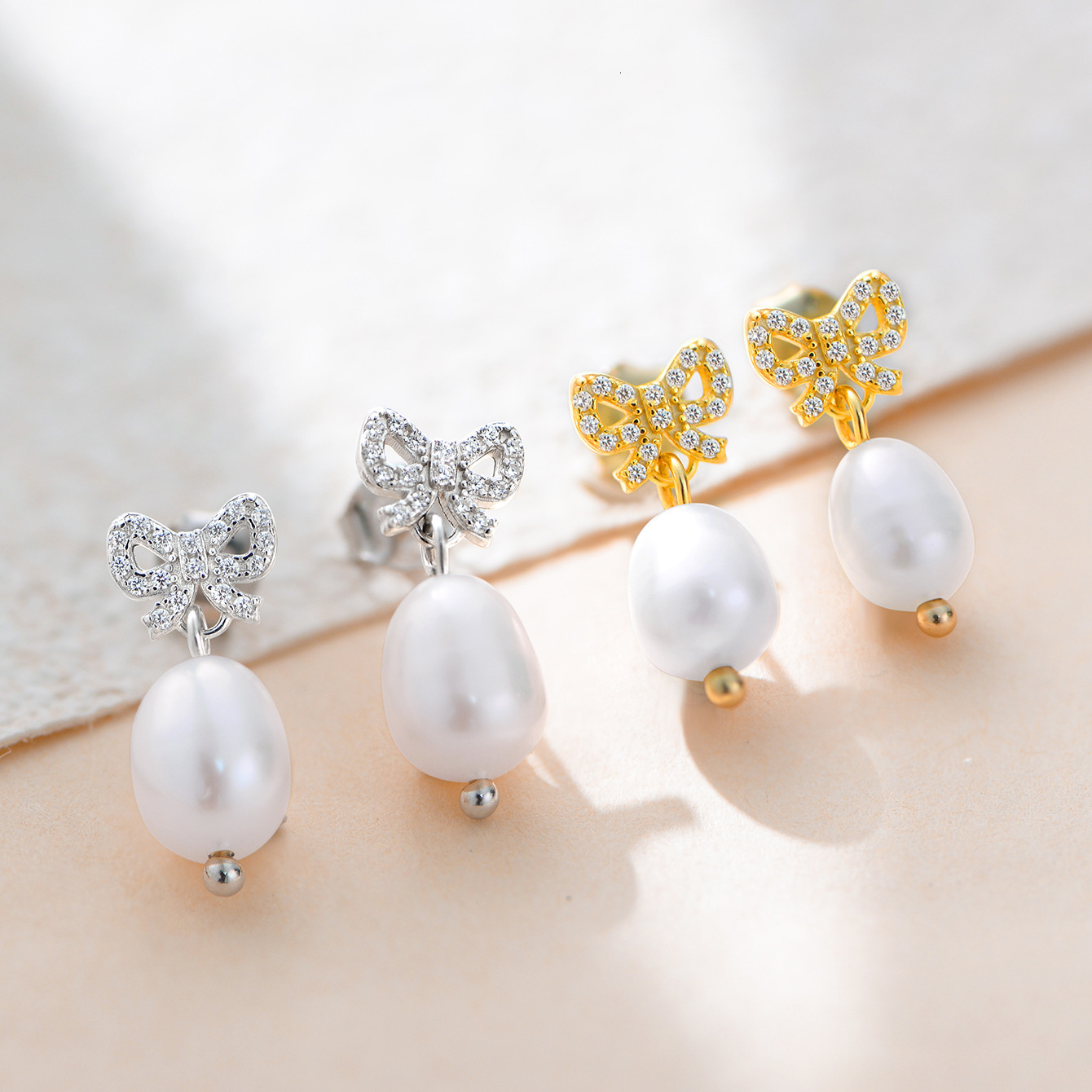 925 sterling silver elegant diamond-studded bow natural pearl for women, light luxury ins fresh style earrings