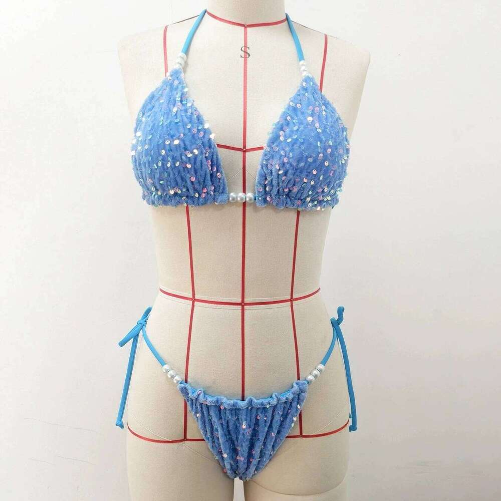 Melphieer Summer Beach Women Blue Pink Sparkle Sequins Pearls Bikinis 2pcs Bikini Set Swimwear Swimming Bathing suits Z260206
