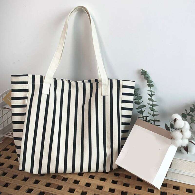 New Beach Fashion Women Canvas Summer Large Capacity Striped Bag Tote Handbag Shopping Shoulder Bags Y260205