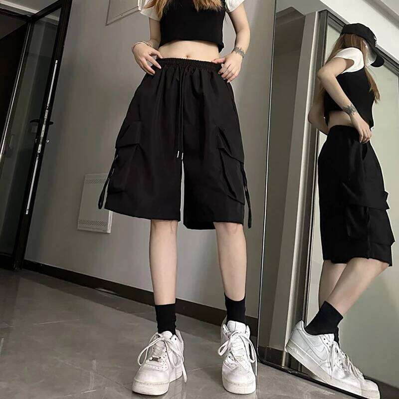 S-3Xl Y2K Cargo Women Harajuku Black Oversized Wide Leg Shorts Summer Streetwear Fashion High Waist Baggy Short Pants New C260206