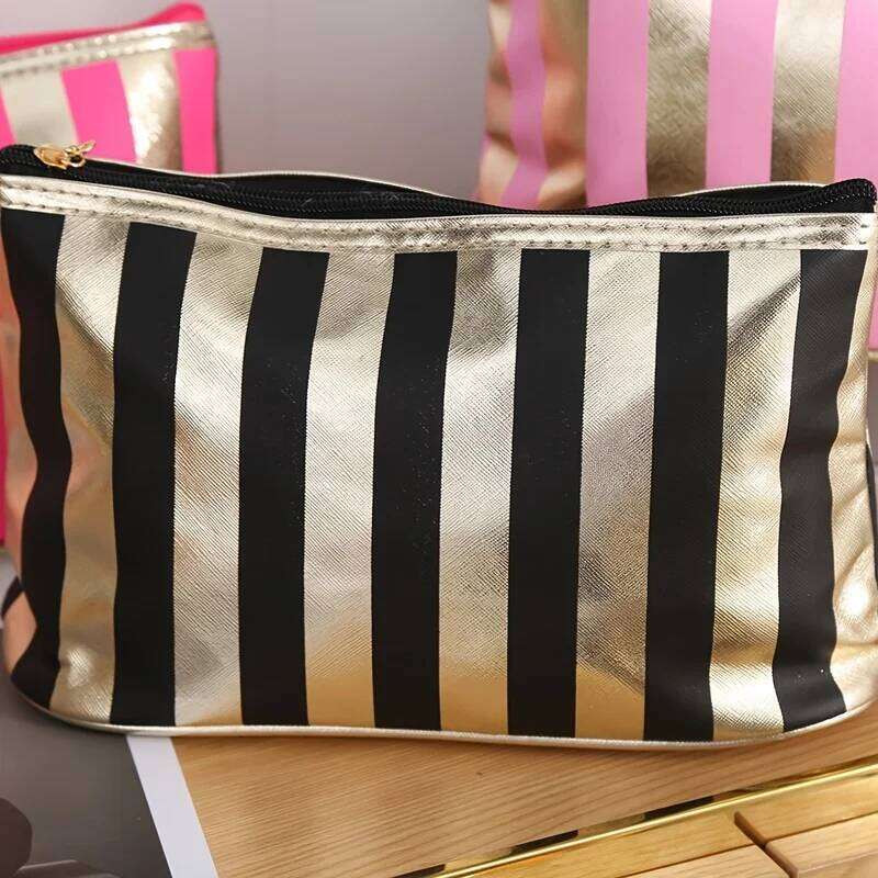 Large Capacity Makeup Bag with Golden Accents, Black Pink Gold Travel Toiletry Organizer for Brushes Lipsticks Y260206