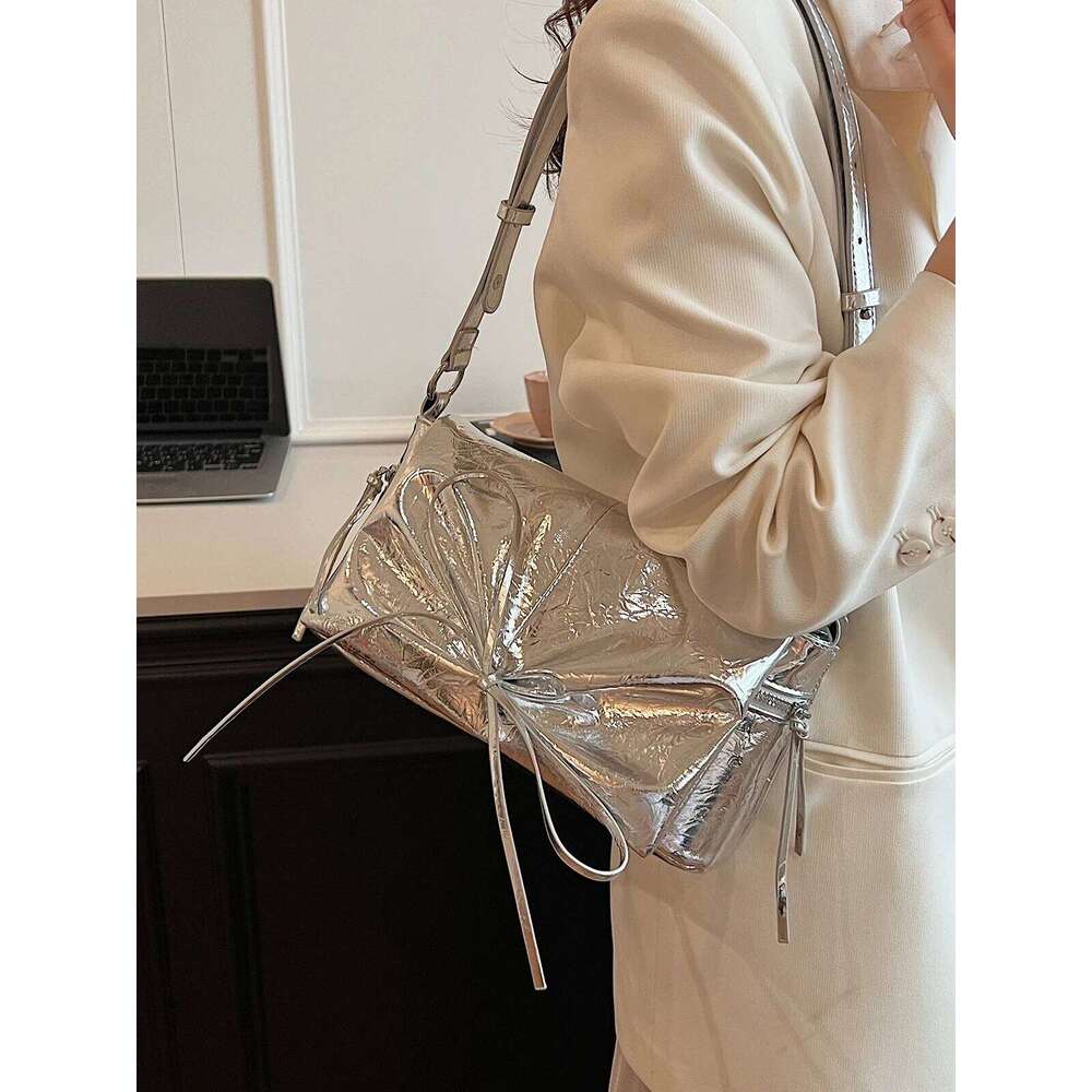 Fashion Lacquer Bright Bow Fold Leather Pattern Single Shoulder Casual Simple And Versatile Personalized Women Bag Y260205