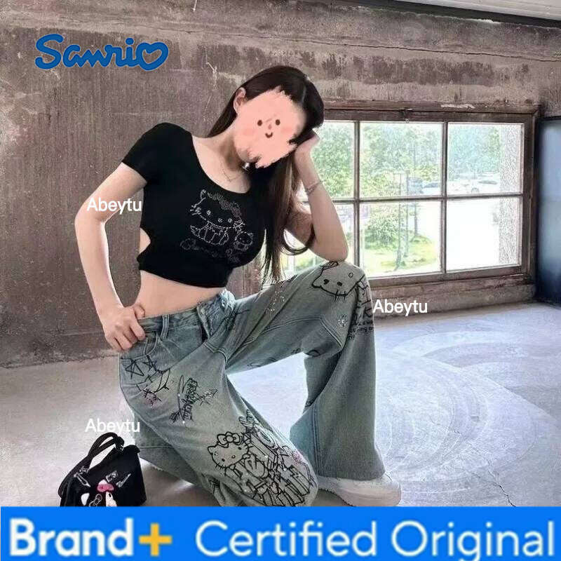 Sanrio Hello Kitty American retro creative printed jeans for women in autumn and winter high-waisted loose casual versatile trousers H260206