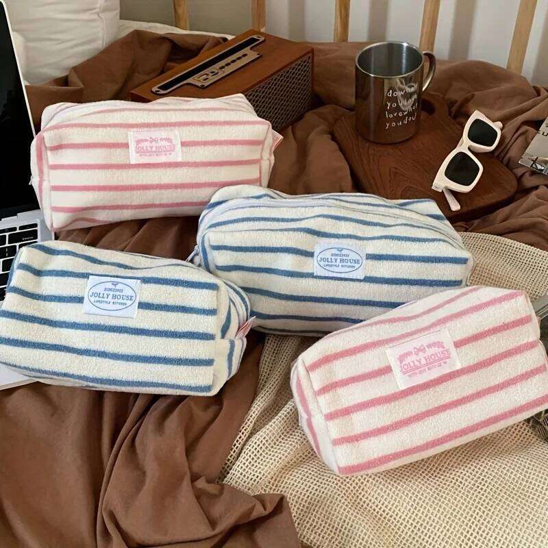 1pc Striped Makeup Bag Large Capacity, Travel Toiletry Organizer Pouch for Skincare Brushes, Women's Cosmetic Storage Y260206