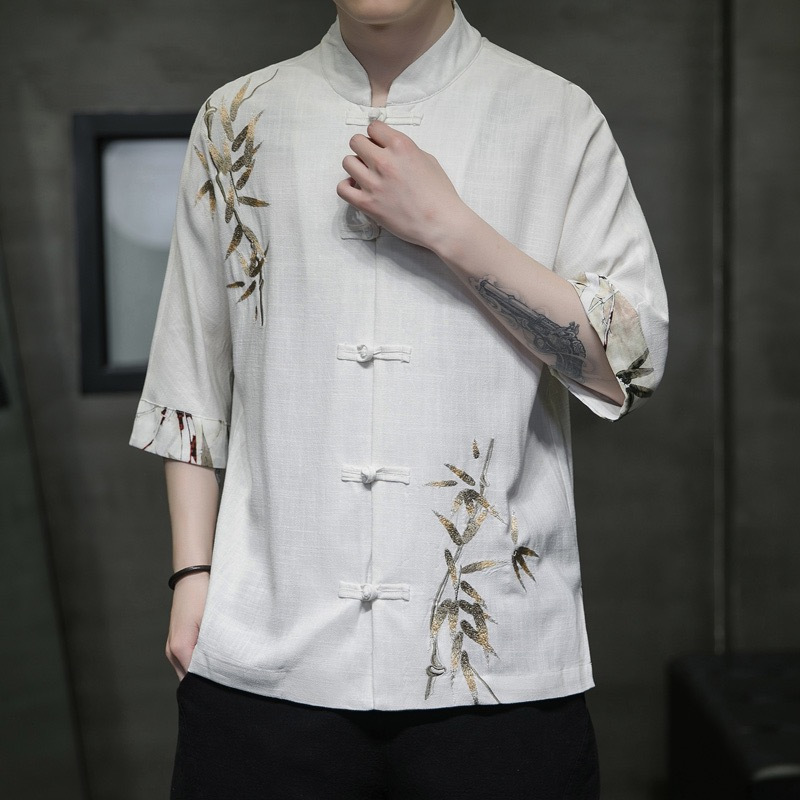 2026 New Chinese Style Men Linen Short Sleeve Shirt Chinese Style Buttons Embroidery Summer Loose Casual Shirt Free Shipping Green Black White
